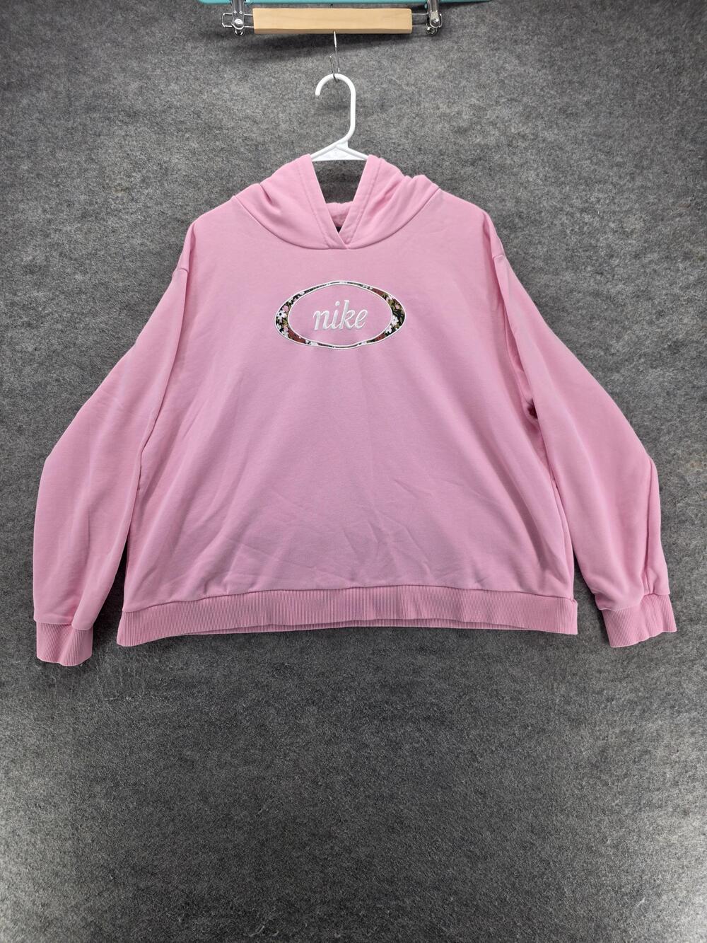 Nike Hoodie Womens 1X Pink Pullover Hooded Fleece Embroidered Logo Floral Trim